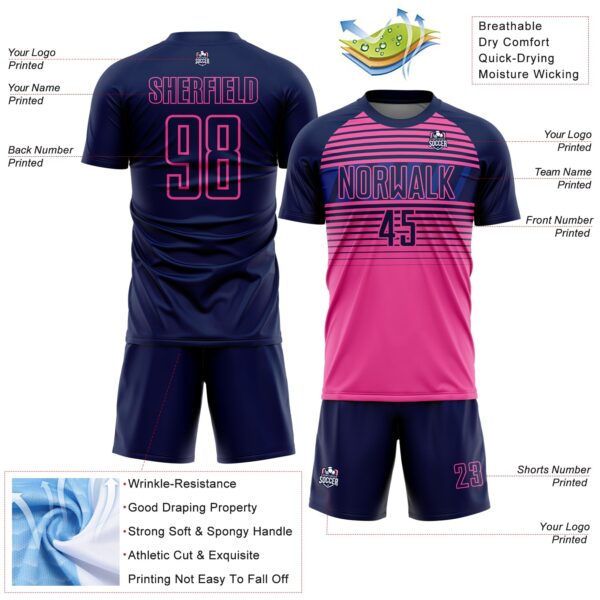 Custom Navy Pink-Royal Gradient Horizontal Stripes Sublimation Soccer Uniform Jersey