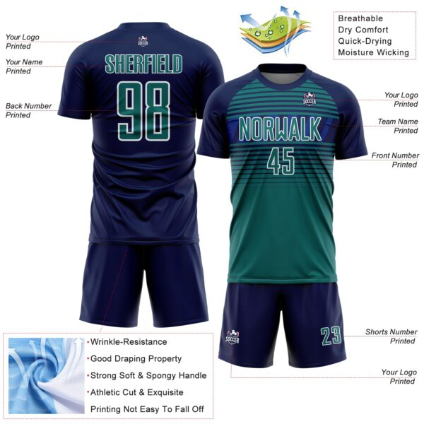 Custom Navy Teal Royal-White Gradient Horizontal Stripes Sublimation Soccer Uniform Jersey