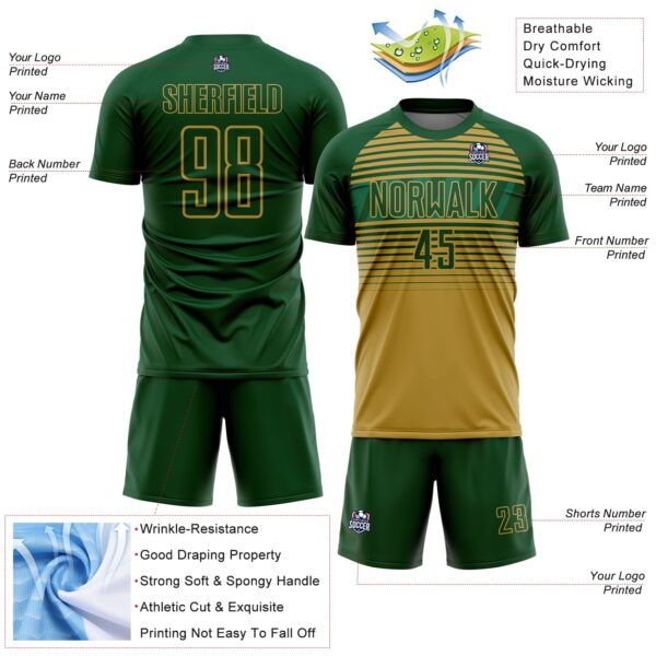 Custom Green Old Gold-Kelly Green Gradient Horizontal Stripes Sublimation Soccer Uniform Jersey
