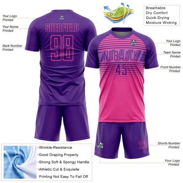 Custom Purple Pink-Medium Purple Gradient Horizontal Stripes Sublimation Soccer Uniform Jersey
