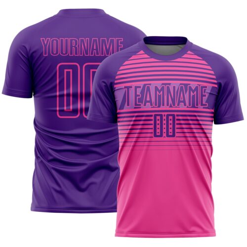 Custom Purple Pink-Medium Purple Gradient Horizontal Stripes Sublimation Soccer Uniform Jersey