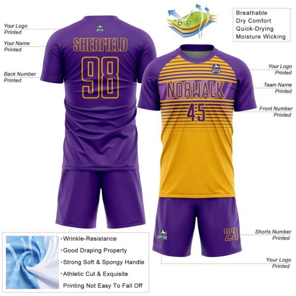 Custom Purple Gold-Medium Purple Gradient Horizontal Stripes Sublimation Soccer Uniform Jersey
