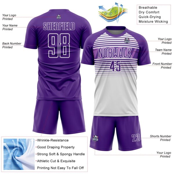 Custom Purple White-Medium Purple Gradient Horizontal Stripes Sublimation Soccer Uniform Jersey