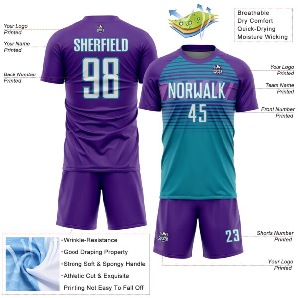 Custom Purple White Teal-Medium Purple Gradient Horizontal Stripes Sublimation Soccer Uniform Jersey