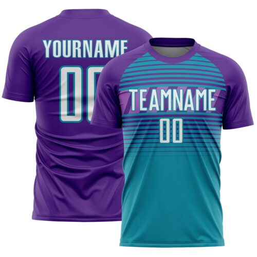 Custom Purple White Teal-Medium Purple Gradient Horizontal Stripes Sublimation Soccer Uniform Jersey
