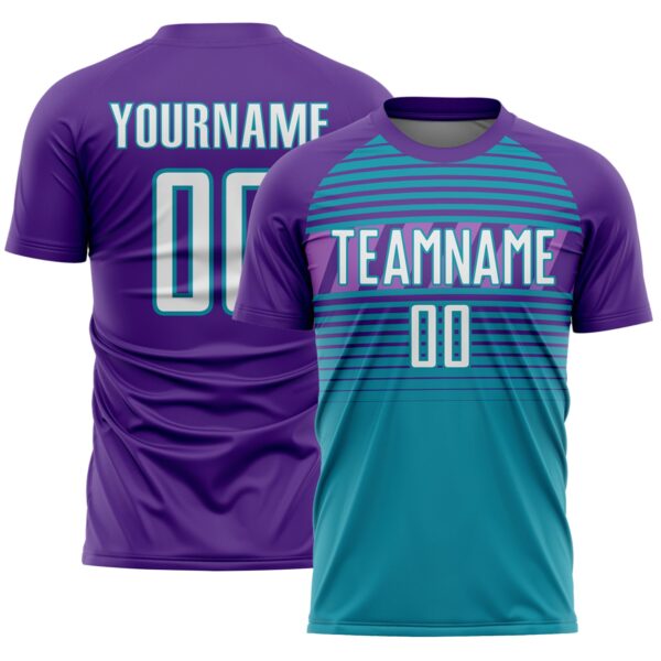 Custom Purple White Teal-Medium Purple Gradient Horizontal Stripes Sublimation Soccer Uniform Jersey