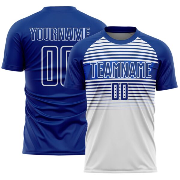 Custom Royal Thunder Blue-White Gradient Horizontal Stripes Sublimation Soccer Uniform Jersey