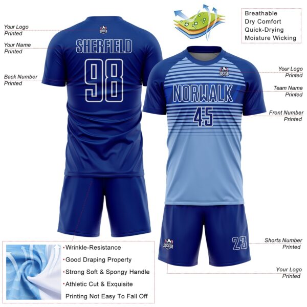 Custom Royal Light Blue Thunder Blue-White Gradient Horizontal Stripes Sublimation Soccer Uniform Jersey