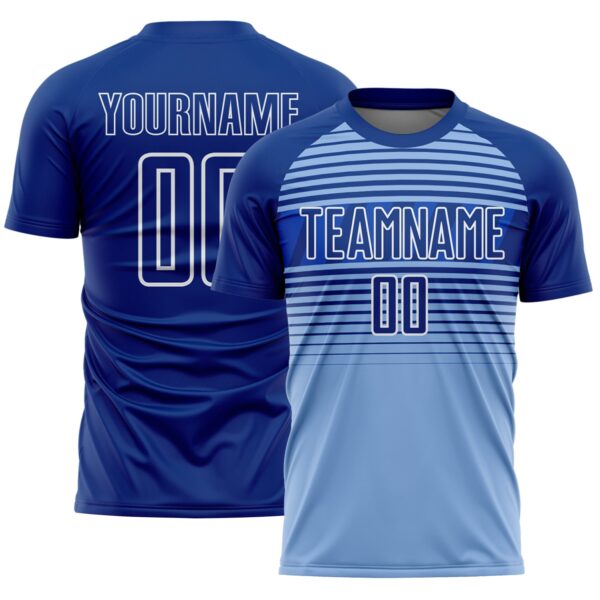 Custom Royal Light Blue Thunder Blue-White Gradient Horizontal Stripes Sublimation Soccer Uniform Jersey