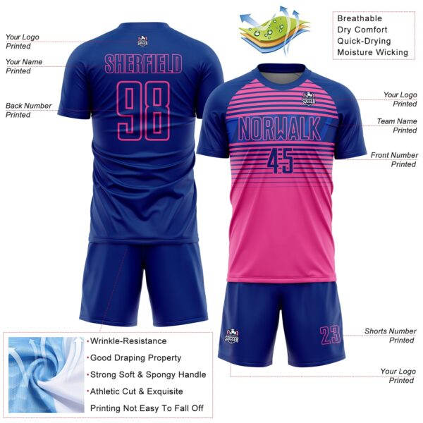 Custom Royal Pink-Thunder Blue Gradient Horizontal Stripes Sublimation Soccer Uniform Jersey