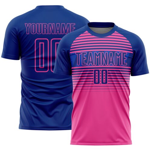 Custom Royal Pink-Thunder Blue Gradient Horizontal Stripes Sublimation Soccer Uniform Jersey