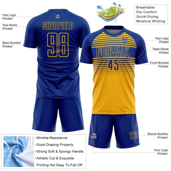 Custom Royal Gold-Thunder Blue Gradient Horizontal Stripes Sublimation Soccer Uniform Jersey