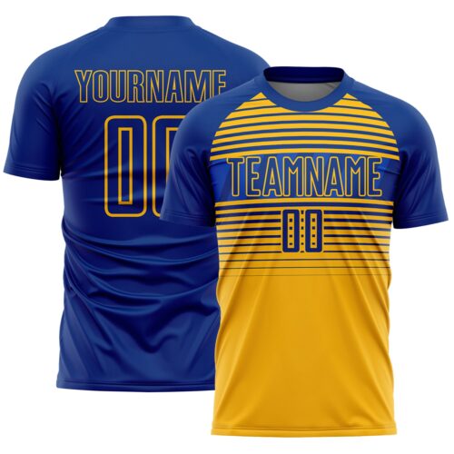 Custom Royal Gold-Thunder Blue Gradient Horizontal Stripes Sublimation Soccer Uniform Jersey