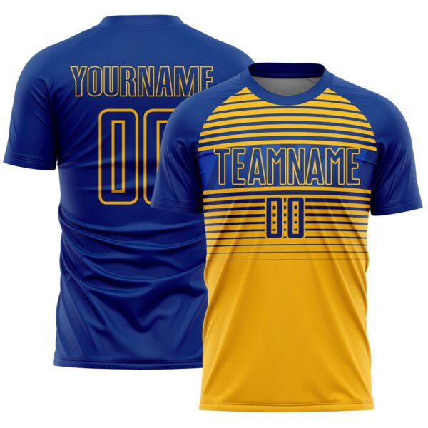 Custom Royal Gold-Thunder Blue Gradient Horizontal Stripes Sublimation Soccer Uniform Jersey