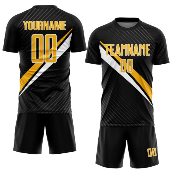 Custom Black Gold-White Diagonal Stripes Sports Sublimation Soccer Uniform Jersey