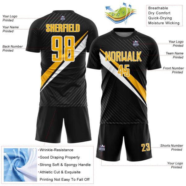 Custom Black Gold-White Diagonal Stripes Sports Sublimation Soccer Uniform Jersey