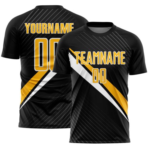 Custom Black Gold-White Diagonal Stripes Sports Sublimation Soccer Uniform Jersey