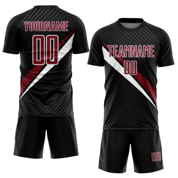 Custom Black Crimson-White Diagonal Stripes Sports Sublimation Soccer Uniform Jersey