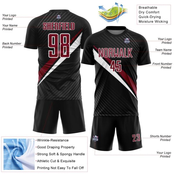 Custom Black Crimson-White Diagonal Stripes Sports Sublimation Soccer Uniform Jersey