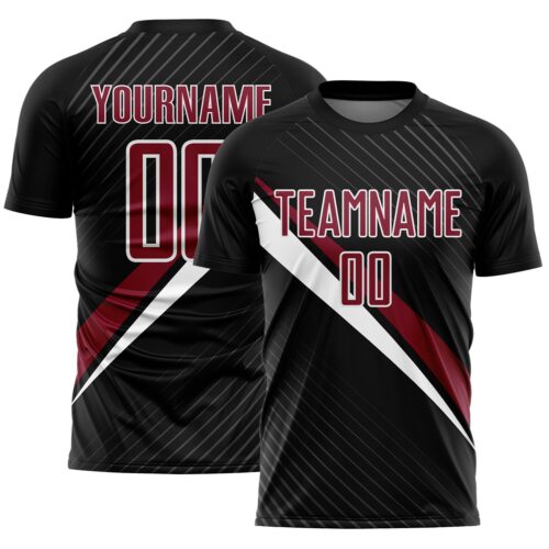 Soccer6931 Custom Black Crimson-White Diagonal Stripes Sports Sublimation Soccer Uniform Jersey