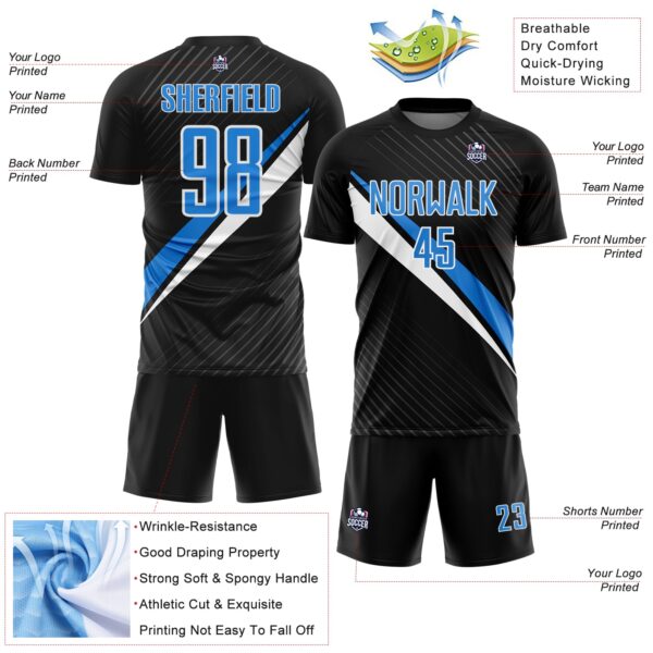 Custom Black Powder Blue-White Diagonal Stripes Sports Sublimation Soccer Uniform Jersey