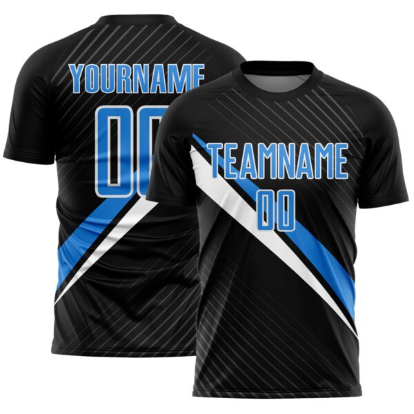Custom Black Powder Blue-White Diagonal Stripes Sports Sublimation Soccer Uniform Jersey