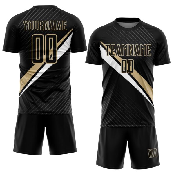 Custom Black Vegas Gold-White Diagonal Stripes Sports Sublimation Soccer Uniform Jersey