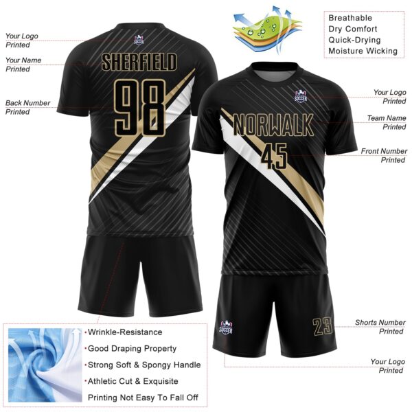 Custom Black Vegas Gold-White Diagonal Stripes Sports Sublimation Soccer Uniform Jersey