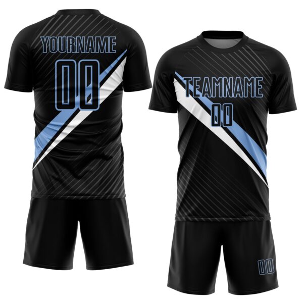 Custom Black Light Blue-White Diagonal Stripes Sports Sublimation Soccer Uniform Jersey