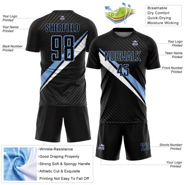 Custom Black Light Blue-White Diagonal Stripes Sports Sublimation Soccer Uniform Jersey