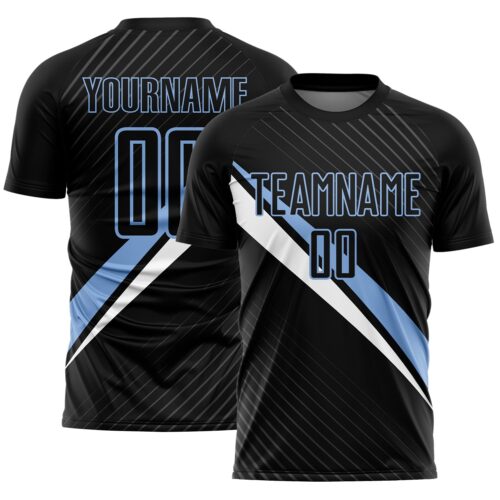 Custom Black Light Blue-White Diagonal Stripes Sports Sublimation Soccer Uniform Jersey