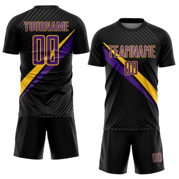 Custom Black Purple-Yellow Diagonal Stripes Sports Sublimation Soccer Uniform Jersey