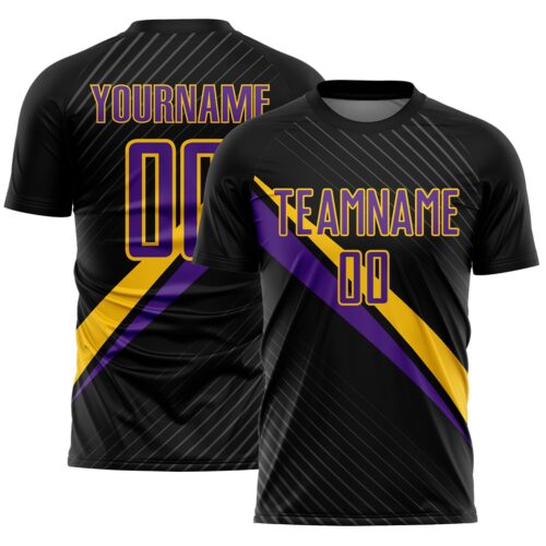 Custom Black Purple-Yellow Diagonal Stripes Sports Sublimation Soccer Uniform Jersey