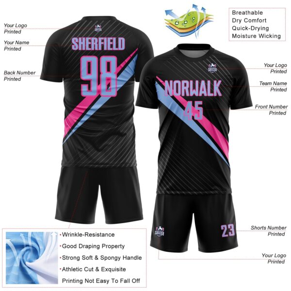 Custom Black Light Blue-Pink Diagonal Stripes Sports Sublimation Soccer Uniform Jersey