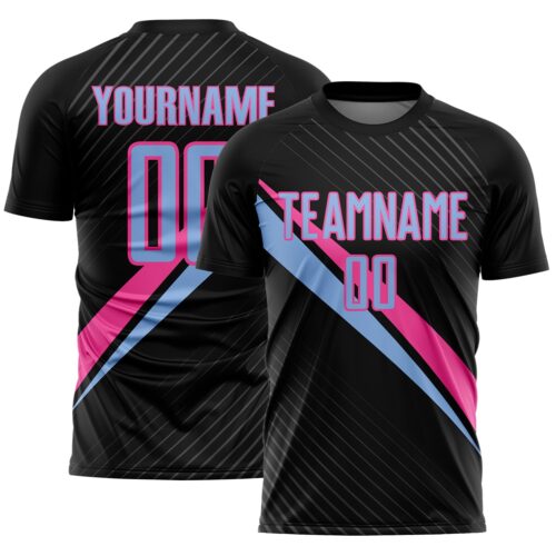 Custom Black Light Blue-Pink Diagonal Stripes Sports Sublimation Soccer Uniform Jersey