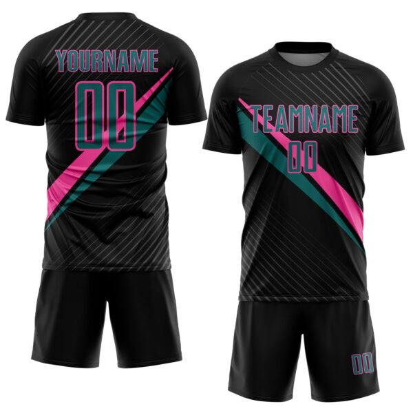 Custom Black Teal-Pink Diagonal Stripes Sports Sublimation Soccer Uniform Jersey