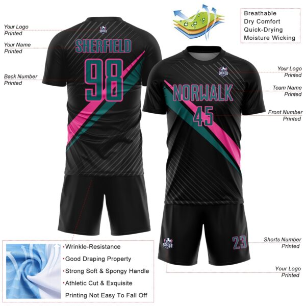 Custom Black Teal-Pink Diagonal Stripes Sports Sublimation Soccer Uniform Jersey