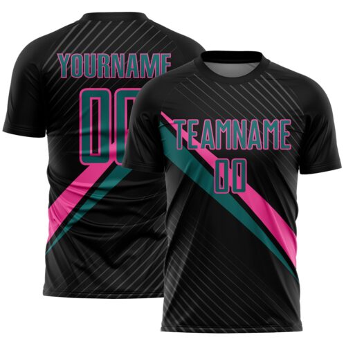 Custom Black Teal-Pink Diagonal Stripes Sports Sublimation Soccer Uniform Jersey