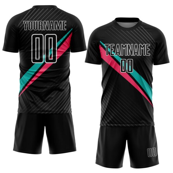 Custom Black White Aqua-Neon Pink Diagonal Stripes Sports Sublimation Soccer Uniform Jersey