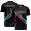 Custom Black White Aqua-Neon Pink Diagonal Stripes Sports Sublimation Soccer Uniform Jersey