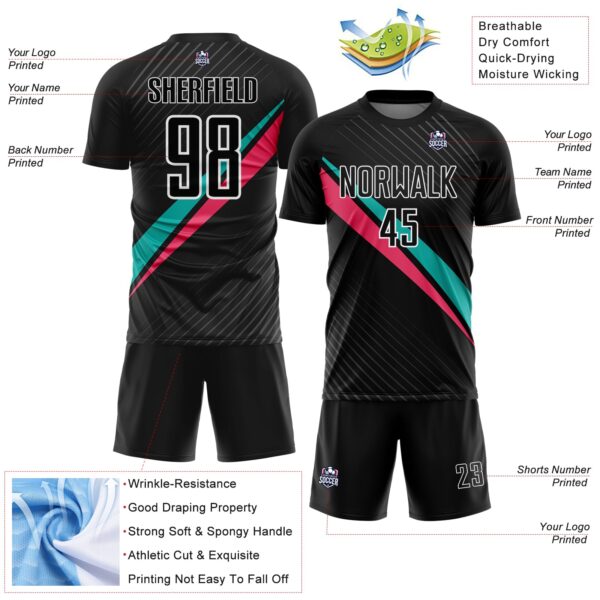 Custom Black White Aqua-Neon Pink Diagonal Stripes Sports Sublimation Soccer Uniform Jersey