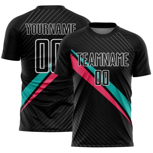 Custom Black White Aqua-Neon Pink Diagonal Stripes Sports Sublimation Soccer Uniform Jersey