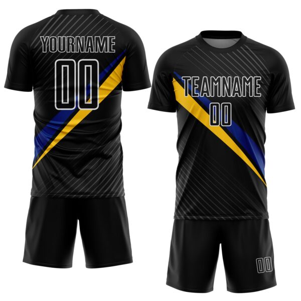 Custom Black White Royal-Yellow Diagonal Stripes Sports Sublimation Soccer Uniform Jersey