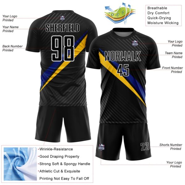 Custom Black White Royal-Yellow Diagonal Stripes Sports Sublimation Soccer Uniform Jersey