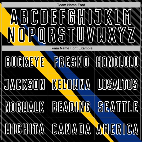 Custom Black White Royal-Yellow Diagonal Stripes Sports Sublimation Soccer Uniform Jersey