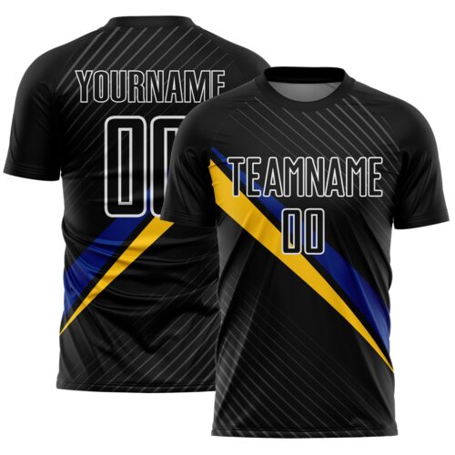 Custom Black White Royal-Yellow Diagonal Stripes Sports Sublimation Soccer Uniform Jersey