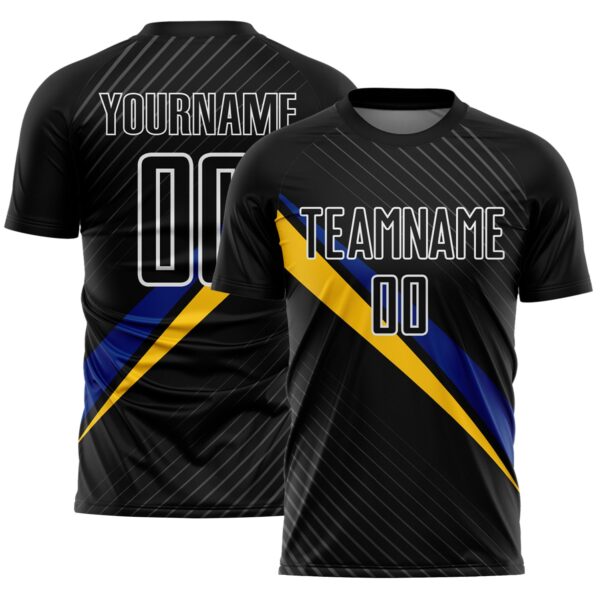 Custom Black White Royal-Yellow Diagonal Stripes Sports Sublimation Soccer Uniform Jersey