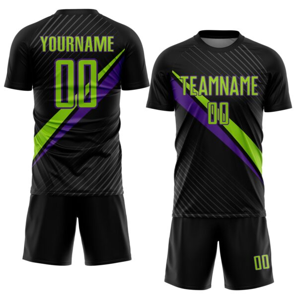 Custom Black Neon Green-Purple Diagonal Stripes Sports Sublimation Soccer Uniform Jersey