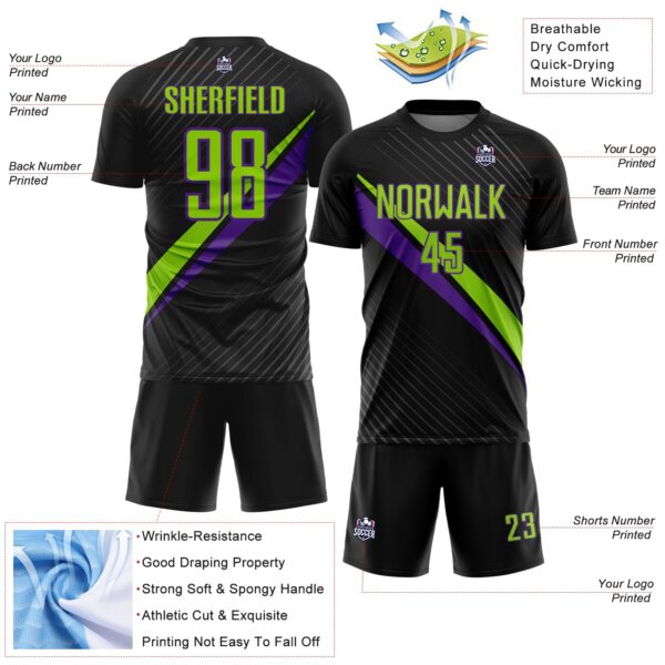 Custom Black Neon Green-Purple Diagonal Stripes Sports Sublimation Soccer Uniform Jersey