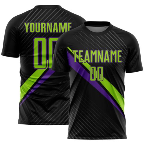 Soccer6941 Custom Black Neon Green-Purple Diagonal Stripes Sports Sublimation Soccer Uniform Jersey